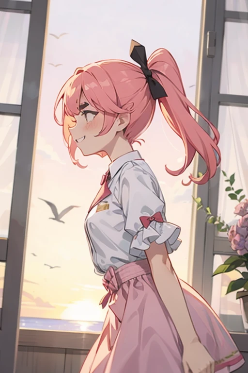 Girl with pink hair, long double-tailed hairstyle ((small pink bushy eyebrows)), dressed in lolita dress, sunset lightingwith a flirtatious smile, 
side view doggystyle sex, 1 boy 1 girl Doggystyle from side