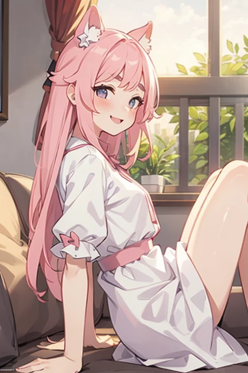 Girl with pink hair, long double-tailed hairstyle ((small pink bushy eyebrows)), dressed in lolita dress, sunset lightingwith a flirtatious smile, 
side view doggystyle sex, 1 boy 1 girl Doggystyle from side