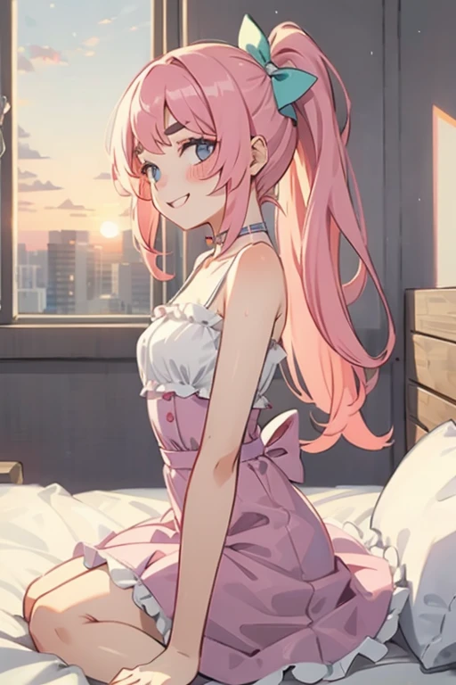 Girl with pink hair, long double-tailed hairstyle ((small pink bushy eyebrows)), dressed in lolita dress, sunset lightingwith a flirtatious smile, 
side view doggystyle sex, 1 boy 1 girl Doggystyle from side