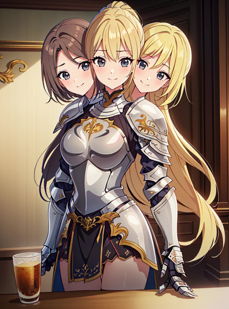 (masterpiece),(ultra-detailed), (high quality), (high resolution), (best quality:1.5, highres, UHD), highres, absurdo, ultra detail, ultra quality, (2heads:1.5), 1girl, ((golden blonde hair)), thighs, (gray armor), female warrior, (open belly), (open breasts), exposed midriff, huge tits, (medieval outfit), (black eyes), cropped armored chest piece, gorgeous female knight, Guild Clothes with Armor, Fantasyart:1.5, (1 Female Knight:1.5), Detailed and detailed depiction armor, (seductive smirk), detailed eyes, revealing armor, 