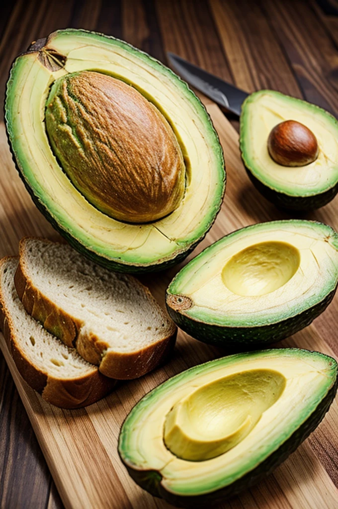 An avocado and a bread with very sharp teeth and a face