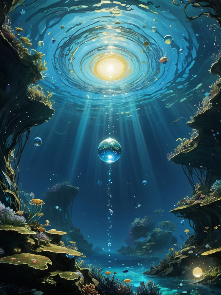 (Better lighting, Best shade, artwork, high quality),((dream-likeガラスドームの中no宇宙)),Liquid Gold, Liquid Aquamarine, "Where the wonders of the solar system are revealed in surreal and fascinating exhibits. floating in crystal clear water, A series of interconnected spheres represent the planets of the solar system, それぞれが独自のmysteriousな光を放ち、Soft and shining. At the center of this aquatic universe lies a shining sun, The surrounding sea is calm and gentle, Except for the gentle swaying of the seaweed and the occasional ripple in the water.、There are no signs of life whatsoever.. here, In this quiet underwater world, The wonders of our solar system are revealed in fascinating exhibits、It stimulates curiosity and wonder in all who see it.。." Mysterious, dream-like, mysterious, Fantasy, Very detailed