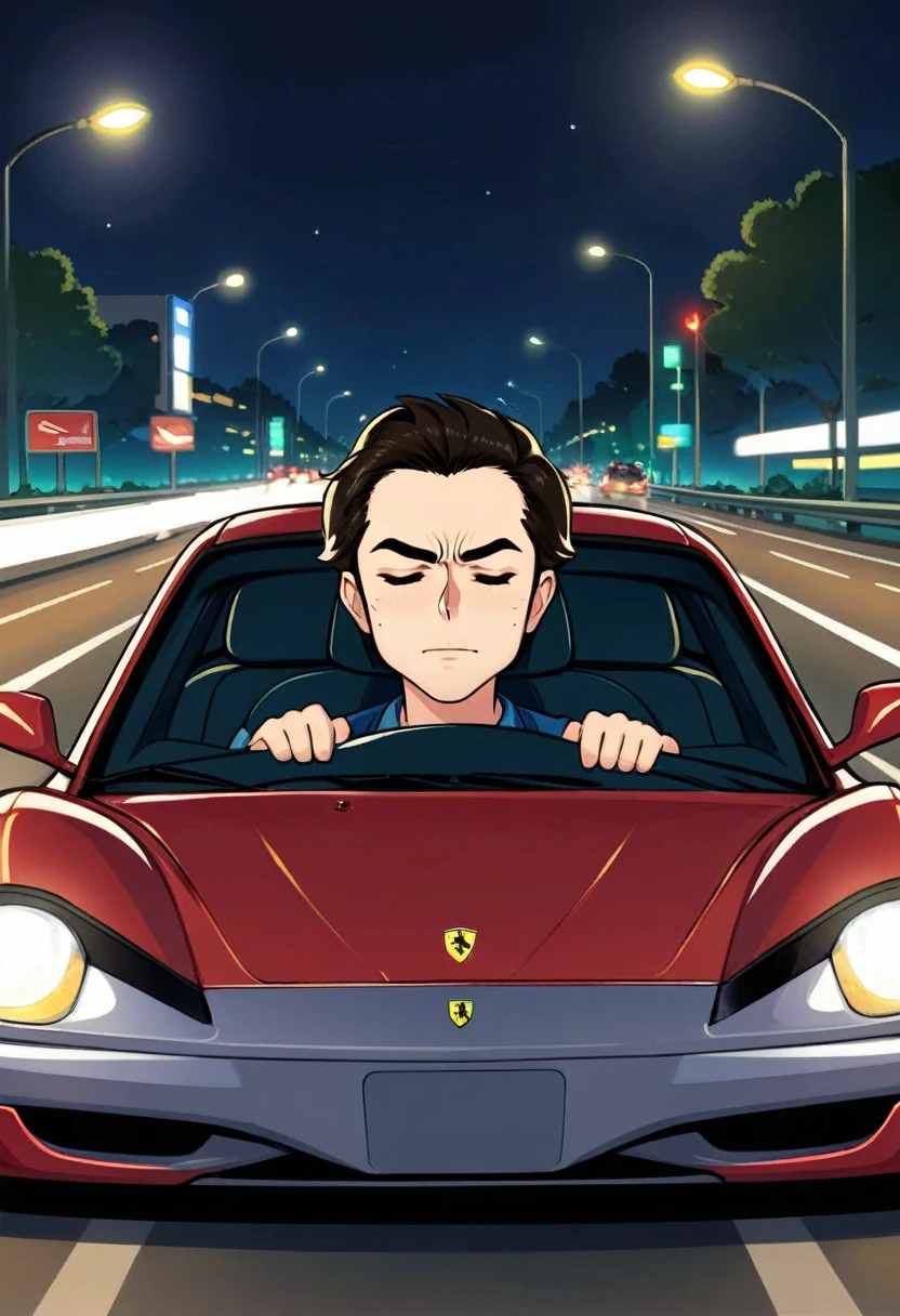 generate a cartoon illustration with the front view of a Ferrari car in the middle of a highway at night, through the windshield you can see the driver with a very calm and relaxed expression on his face, next to him in the passenger seat is another passenger sleeping
