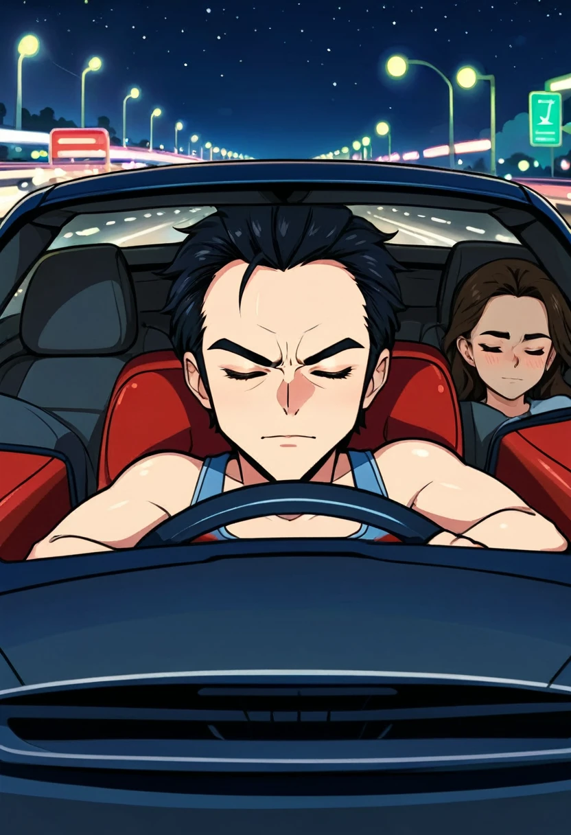 generate a cartoon illustration with the front view of a Ferrari car in the middle of a highway at night, through the windshield you can see the driver with a very calm and relaxed expression on his face, next to him in the passenger seat is another passenger sleeping
