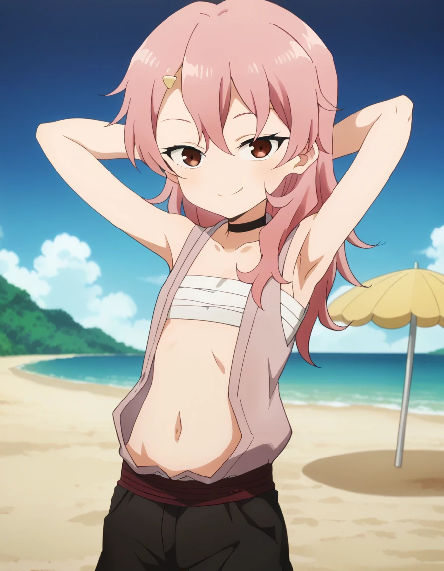 benisumomo, anime coloring ,BREAK source_anime, anime, long hair, hair ornament, red eyes, navel, pink hair, choker, hairclip, flat chest, black choker, sarashi, chest sarashi, black shorts,  high quality, solo, 1girl, night sky, beach, arms behind head, (contrapposto), closed mouth, spread armpits, (cowboy shot:1.5), looking at viewer, best quality, suggestive smile,