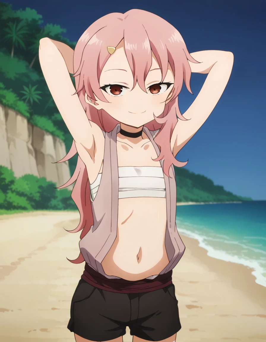 benisumomo, anime coloring ,BREAK source_anime, anime, long hair, hair ornament, red eyes, navel, pink hair, choker, hairclip, flat chest, black choker, sarashi, chest sarashi, black shorts,  high quality, solo, 1girl, night sky, beach, arms behind head, (contrapposto), closed mouth, spread armpits, (cowboy shot:1.5), looking at viewer, best quality, suggestive smile,