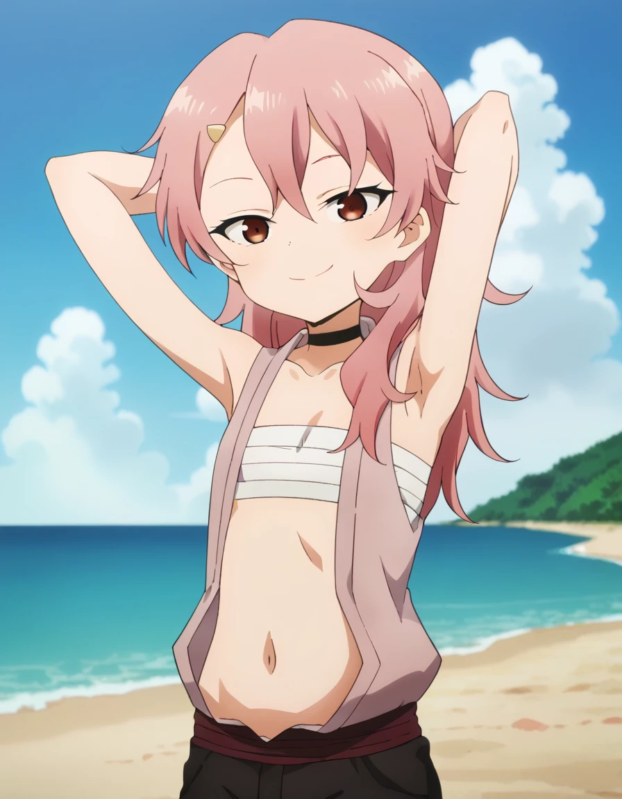 benisumomo, anime coloring ,BREAK source_anime, anime, long hair, hair ornament, red eyes, navel, pink hair, choker, hairclip, flat chest, black choker, sarashi, chest sarashi, black shorts,  high quality, solo, 1girl, night sky, beach, arms behind head, (contrapposto), closed mouth, spread armpits, (cowboy shot:1.5), looking at viewer, best quality, suggestive smile,