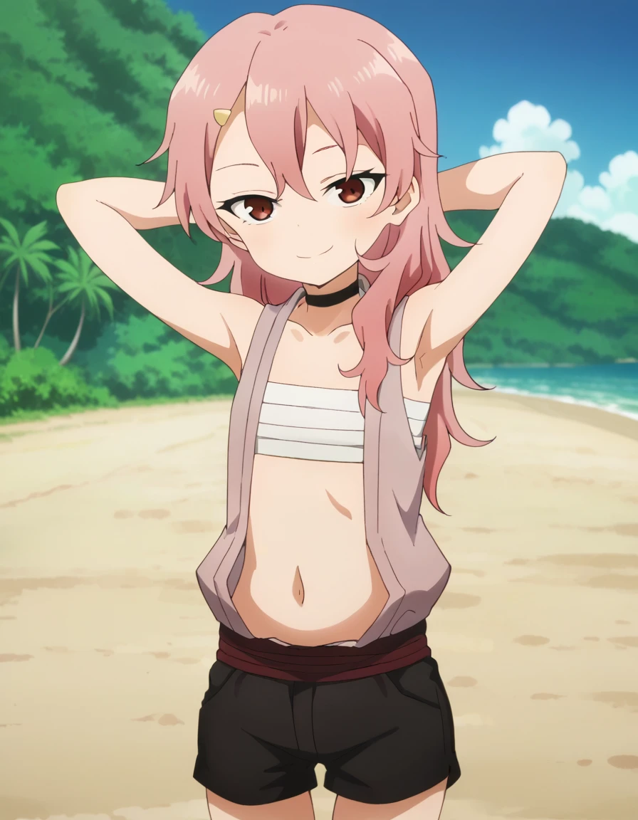 benisumomo, anime coloring ,BREAK source_anime, anime, long hair, hair ornament, red eyes, navel, pink hair, choker, hairclip, flat chest, black choker, sarashi, chest sarashi, black shorts,  high quality, solo, 1girl, night sky, beach, arms behind head, (contrapposto), closed mouth, spread armpits, (cowboy shot:1.5), looking at viewer, best quality, suggestive smile,