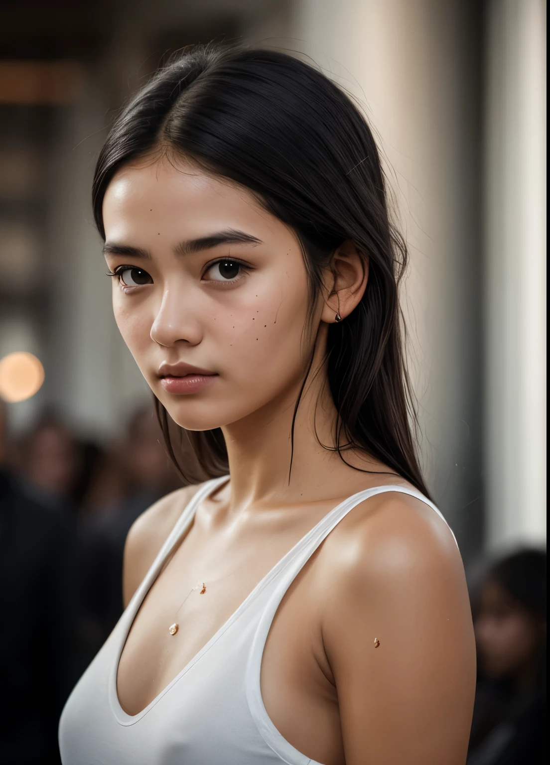 Human Development Report, 8k resolution, Intricate details, Fine details, Reality, Medium Portrait, 1 Girl, Solitary, (Oily hair, Black messy hair:1.1), Middle parting hairstyle, Looking at the audience, Simple background