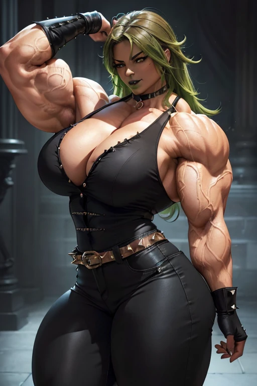 (((Massive tall, beautiful, buff, light brown skinned muscular woman with green hair, black lipstick, ginormous bulky muscles and wearing a beautiful black unbuttoned blouse with a beautiful black tight pants))), (close view), massive muscles, massive biceps, hyper muscle shoulders, massive muscle arms, vascular shoulders, hyper muscle triceps, (long curvy hair), (beautiful unbuttoned black blouse), orange eyes, spiky gauntlets, gloves, choker, (beautiful black tight pants with a belt), boots, (in a ghost haunted house), confidant smile, night, hyper vascular arm, hyper muscles arms, hyper muscle legs, massive arms