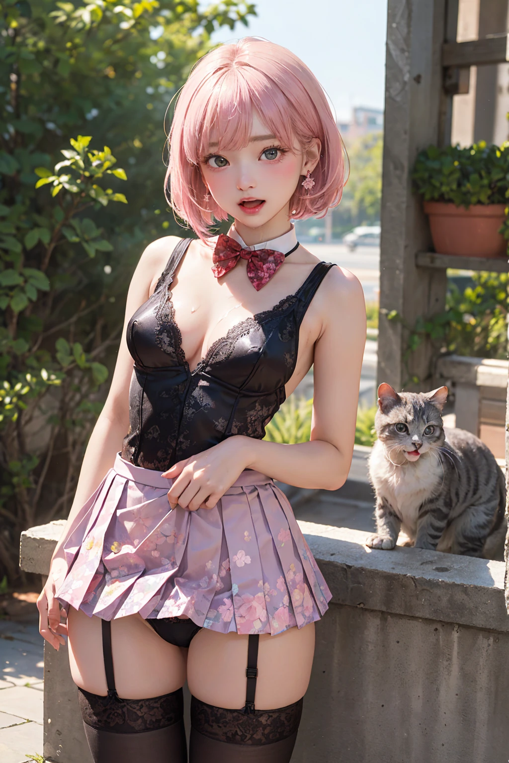 (masterpiece:1.2, Highest quality), (Realistic, photoRealistic:1.4), Beautiful illustrations, (Natural Side Lighting, Cinema Lighting), Browsing Caution,
View Viewer, (Bust up shot)、Front view:0.8, 1 girl, Japanese, high school girl, Perfect Face, Cute and symmetrical face, Shiny skin、
(Semi-short cut hair, Side Lock, Light pink hair), Parted bangs, Emerald green eyes, Long Eyelashes, (Big Breasts:0.8),
Beautiful Hair, Beautiful Face, Beautiful fine details, Beautiful clavicle, Beautiful body, Beautiful breasts, Beautiful fingers, Beautiful nipples、Beautiful armpits、Beautiful, perfectly aligned teeth、
((A cat suit with attention to detail、(Pastel blue floral lace panties、Mini pleated skirt、Black garter stockings)、Shyness、Show me your side、Spread your legs、(Open your mouth:1.3)、Red bow tie、Earrings、(topless:1.2)))、
(Outdoor、it's raining、garden、grassland、stream、waterfall、jungle、forest、Moonlit Night、temple、church)、 (Troubled face、Upward glance), (The skin is moist and wet:1.2)、(Semen is on it:1.7)、