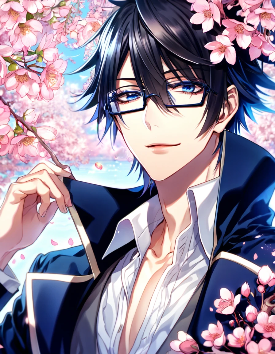 Ultra detailed, highres, absurdres, HDR, master piece, Fushimi Saruhiko, messy black hair, hair between the eyes, expressivee blue eyes, rectangular black glasses, white shirt, a gray waistcoat, long blue overcoat, K Project, fantasy, pink petals, water, pink flowers, handsome, sexy man, solo, magical, best quality, blossoms, handsome smile, blue shining fireflies