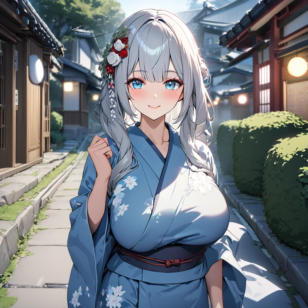 (((masterpiece, best quality))), (((superior quality))), cute girl, ((extremely detailed girl)), ((huge breasts)), yukata, bare shoulders, strapless top, long silver hair, happy