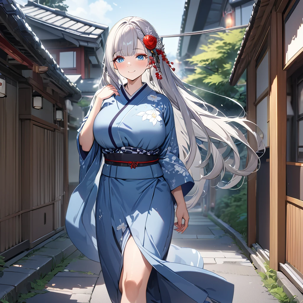 A woman wearing blue yukata with white flower design, white hair, long hair, bangs in her hair, ice blue eyes, red rose in her hair, smiling, big breasts, walking on a concrete sidewalk in a traditional Japanese neighborhood, with trees around bottom.UHD , prime work , accurate , anatomically correct , textured skin , super details , high quality , best quality, 8k, high resolution, bokeh effect. (woman alone)
