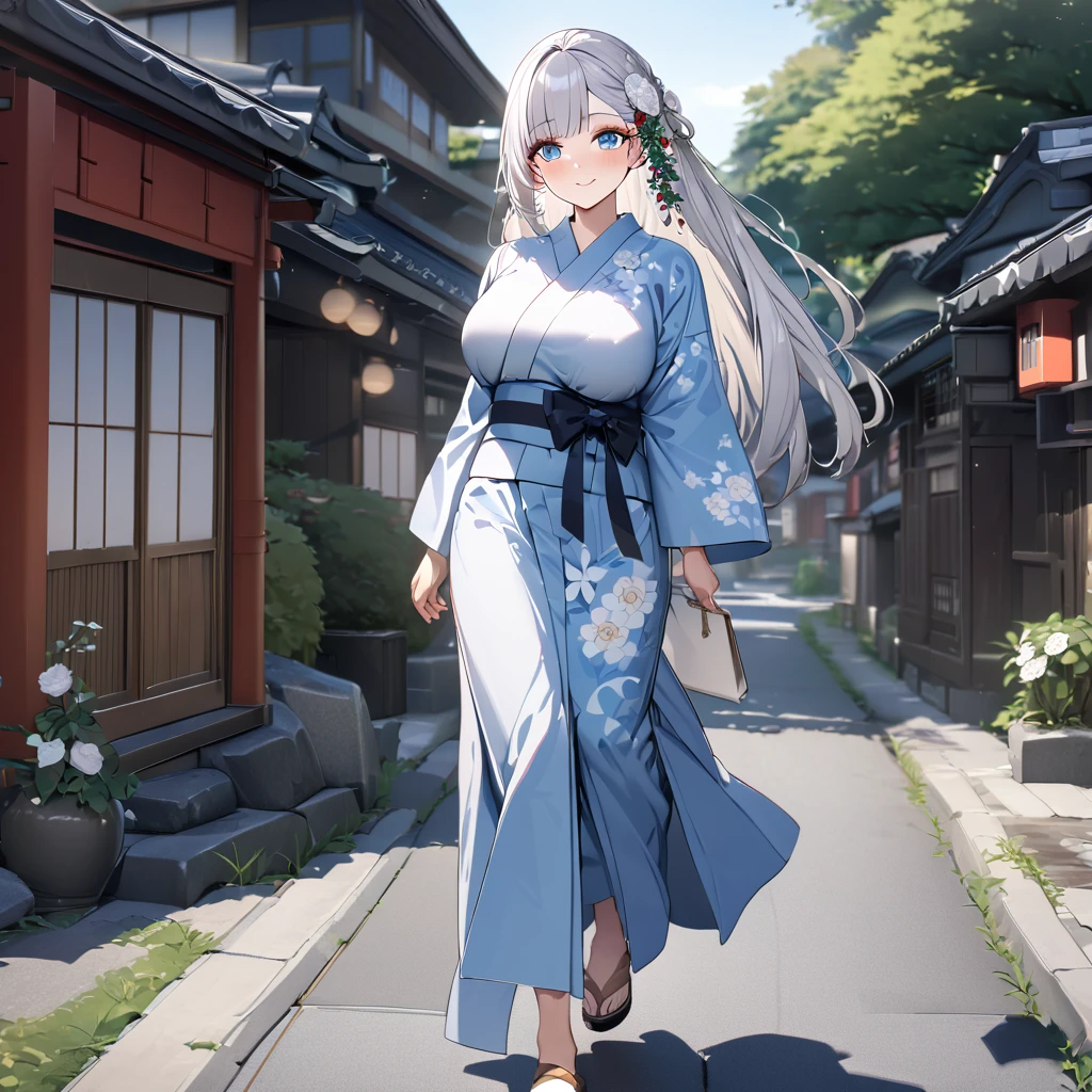 A woman wearing blue yukata with white flower design, white hair, long hair, bangs in her hair, ice blue eyes, red rose in her hair, smiling, big breasts, walking on a concrete sidewalk in a traditional Japanese neighborhood, with trees around bottom.UHD , prime work , accurate , anatomically correct , textured skin , super details , high quality , best quality, 8k, high resolution, bokeh effect. (woman alone)
