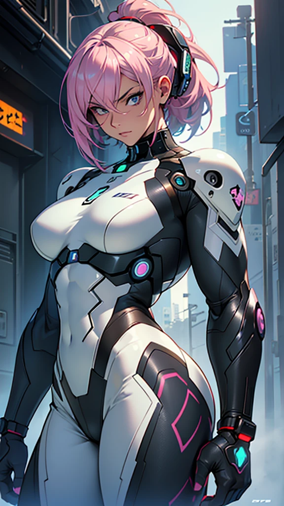 Beautiful cybernetic girl detailed muscles realistic masterpieces full figure pose (best quality,ultra-detailed), pastel hair, fair skin, fit body, slim figure, narrow waist, large buttocks, (cocky expression), wearing a full carbon fiber cybernetic mobile battle suit