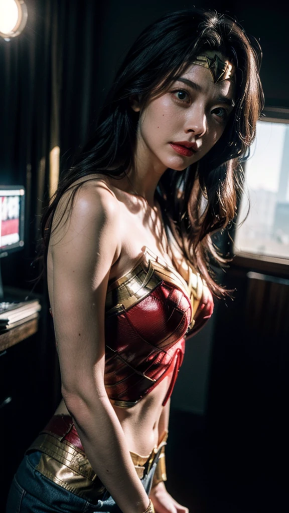 A scene from a movie, DC Wonder Woman Close-up, Distorted Space, Twisted undead in the background, Lens flare, Light Shaft, Intricate details, Detailed, Volumetric lighting, 4K Rendering, Stock Photo, Surreal, Realistic texture, Dramatic lighting, Unreal Engine,nude