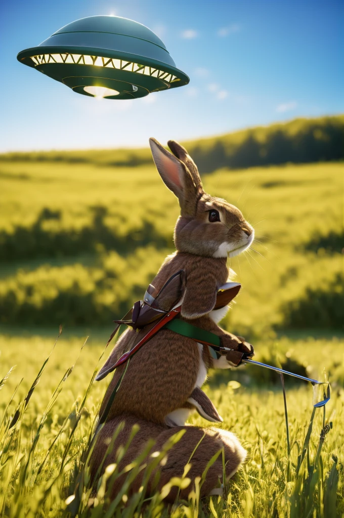 a side shot of a small anthropomorphic rabbit dressed as robin hood carrying a bow and arrow crouching in the grass as he looks at a giant UFO that has landed in a field in the background, masterpiece, best, photo realistic