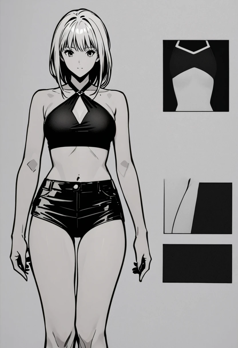 Create an image of a bikini swimsuit with a cross-style top. The top features fabric that crosses at the chest, with a halter neck design that ties behind the neck. The cross section includes an opening, adding a touch of sexiness. The bottom part of the swimsuit includes a short flared skirt with hidden shorts underneath. The swimsuit is entirely black in color, with a simple and solid design free of any patterns. The overall appearance should be elegant and chic, emphasizing the clean and minimalistic aesthetic of the swimsuit.
