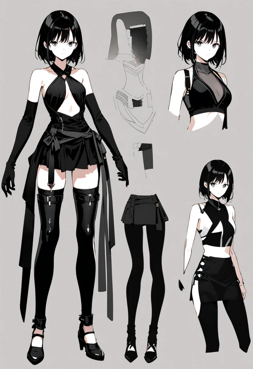 Create an image of a bikini swimsuit with a cross-style top. The top features fabric that crosses at the chest, with a halter neck design that ties behind the neck. The cross section includes an opening, adding a touch of sexiness. The bottom part of the swimsuit includes a short flared skirt with hidden shorts underneath. The swimsuit is entirely black in color, with a simple and solid design free of any patterns. The overall appearance should be elegant and chic, emphasizing the clean and minimalistic aesthetic of the swimsuit.