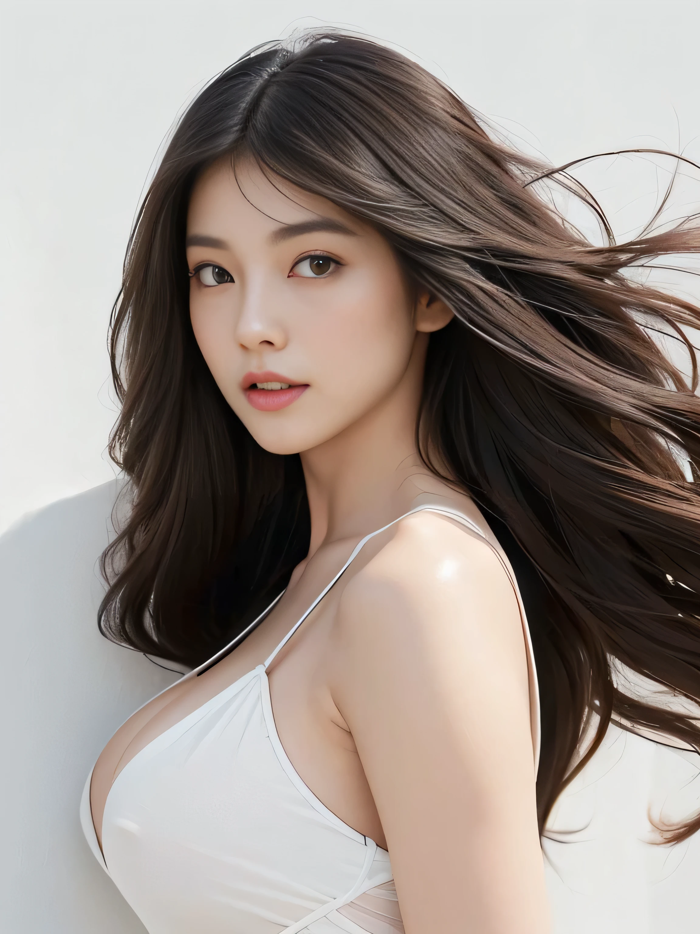 1woman ((Waist up shot:!!!)) (She is in front of a white wall、Random poses showing as much back and hair as possible:1.8) (Large Breasts:2.0) (She looks very confident as she looks at the viewers.:1.8) ((Highest quality)), ((masterpiece)), (family friendly), (Get used to it) (((Her hair is blowing wildly in the crosswind:2.0))) (((Her hair color is the perfect light brown..:1.8!!))) ((Her hair is very straight!!!)) (Her bangs are neatly trimmed and hang straight down, completely covering her forehead.:1.5) (Highest qualityの long hair to the ankles!!!!! Highest quality Hair quality with attention to detail long hair to the ankles!!!!!、Very long and lasting hair!!!!! Flowing Hair Surprisingly straight Very shiny and thick hair Abnormally long hair that lasts forever!!!!! Flowing hair on both ends!!!!! long hair to the ankles!!!!! long hair to the ankles!!!!! Thick and shiny hair Very free hair Abnormally long hair!!!!! Beautiful silky hair Beautiful and shiny hair Beautiful and shiny hair Beautiful silky hair long hair to the ankles!!!!! Very long hair!!!!! Very long hair!!!!!) (Highest quality The best ultra-fine long hair to the ankles!!!!!、Very long hair that lasts forever Flowing Hair Her hair is surprisingly straight!!!!! Very shiny and thick hair Abnormally long hair that lasts forever!!!!! Flowing hair on both ends long hair to the ankles!!!!! Thick and shiny hair Very free hair Abnormally long hair!!!!! Beautiful silky hair long hair to the ankles!!!!! Beautiful and shiny hair Beautiful and shiny hair Beautiful silky hair long hair to the ankles!!!!! Very very, Very long hair!!!!! Very very, Very long hair!!!!!) (She is the most beautiful 24-year-old hair model in Japan...........) Perfect woman'face (Her face shape is thinner than average:1.8) (Her eyes are larger than average:1.8 Her nose is higher than average:1.8) (She has a typical Japanese build and skin color..., Her skin is very high quality and ultra high definition.、very beautiful and glowing skin) (Her face is dignified and sexy)(She achieved her sexy look with the help of a professional makeup artist.。... Lipstick is bright red!!! The eyeliner is a beautiful black) (She has a typical Japanese build and skin color Her skin is very delicate and sensitive..、and、Such beautiful and radiant skin) ((Rich 1.4)) (Extremely detailed 8K) (Ultra-fine skin texture 1.4) (current, Vibrant:1.4), Sharp focus:1.2、Beautiful woman:1.4 Dynamic Lighting (Genuine RAW photos taken by professional photographers) (Surreal photos by professional photographers :1.2)