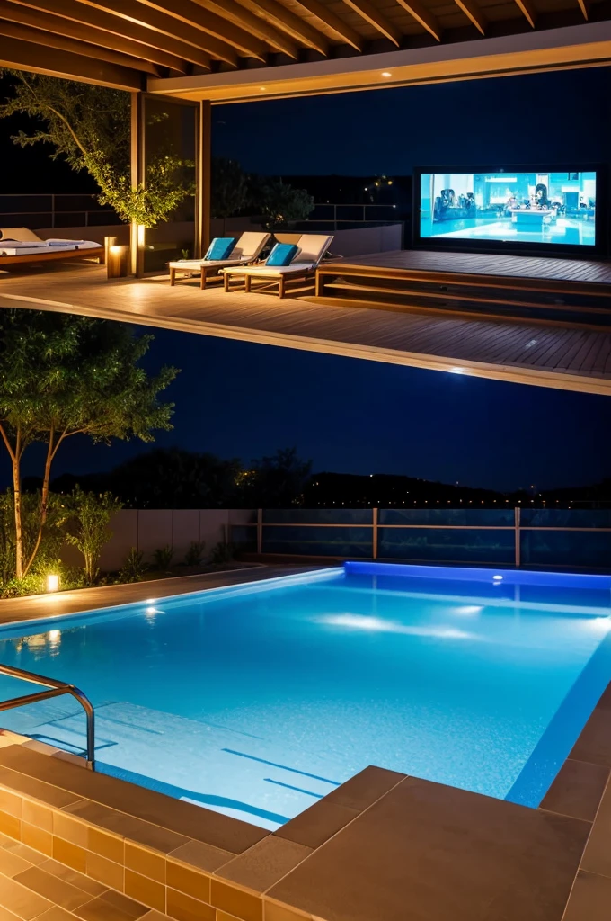 Swimming pool with jacuzzi And in front a 3-meter screen to watch movies,people inside the jacuzzi,a somewhat wide space but at night