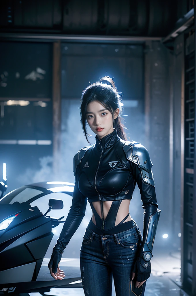 Game art, best image quality, highest resolution, 8,000, ((a bust)), (portrait), (rule of thirds), unreal engine 5 rendering works, (girls of the future), (women fighters), 22 year old hacker), (ancient oriental hair), (beautiful eyes full of detail), (large breasts), (eye shadow), elegant and charming, indifference, (frowns), (Combat suits with a futuristic sense of technology, this suit combines futuristic powered armor and, embellished with sparkly motifs and badges and dark blue skinny jeans), cyberpunk characters, futuristic style, lights, Ray Tracing, Game CG, ((3D Phantom Engine)), OC Render Reflection Mode,(Skinny FIT DENIM PANT IN DARK BLUE)