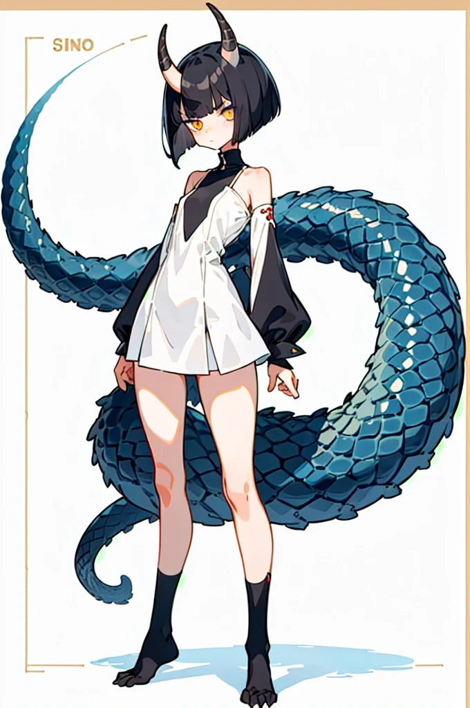 pale skin anime girl, long black hair, green snake eyes, Fangs, Sharp nails, Pearl Necklace, pearl earring, white furry jacket and sexy black dress, black heels.