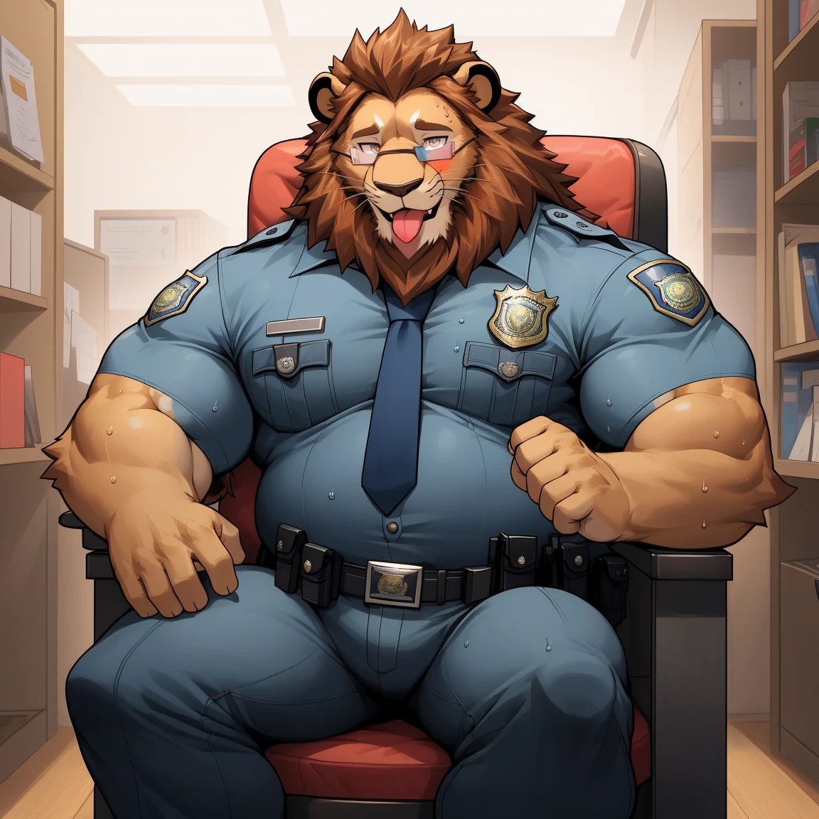 masterpiece, best quality, 8k resolution, Very detailed, hairy,(((lion)),((())),(((beard))),(((Strong))),(((portrait))),(((police office))),For the audience,(((Police Uniform))),(((sit on the chair))),(((Tongue out))),Highest quality scene,Solitary,solitary,(((whole body))),(((Shameful))),(((Blushing))),((( VR glasses))),(((Legs apart))),(((Sweat))),((Fat-enclosed muscle)),(((Round face))),(((alone))),(((Strong body))),(((Hip bulge))),