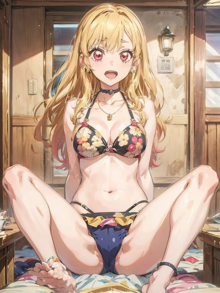 a beautiful female nurse kneeling in a hospital, dressed in nurse's uniform, 1girl, nurse, breasts, nurse cap, solo, blonde hair, thighhighs, cleavage, smile, choker, large breasts, long hair, red eyes, looking at viewer, hat, kitagawa marin, jewelry, black choker, black thighhighs, grin, earrings, piercing, ear piercing, bangs, collarbone,Marin Kitagawa ,Ichigo Hoshimiya (Aikatsu!),lol_i