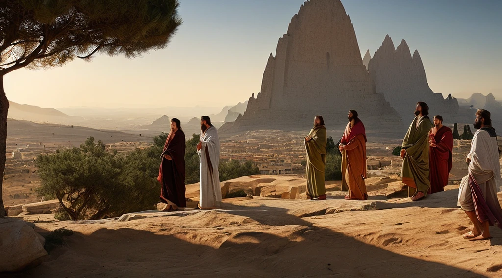 (((Ancient Israel)))、(((1st century)))、Jesus Christ and his disciples looking into the distance、in 8K、RAW photograph、maximum quality、Masterpiece artwork:1.5、ultralighthigh resolution、Photorealistic:1.5、cinematic light、soft volumetric lighting:1.5、realisitic、Photorealistic:1、skin detailed、professional lighting、one photo、sharp focus、detaileds、professional lighting、Photon mapping、detailed and intricate environment、highy detailed、maximum quality、artistic photography、arte conceitual fotorrealisitic、soft natural volumetric cinematic perfect light、middle of the journey、detailed hand、