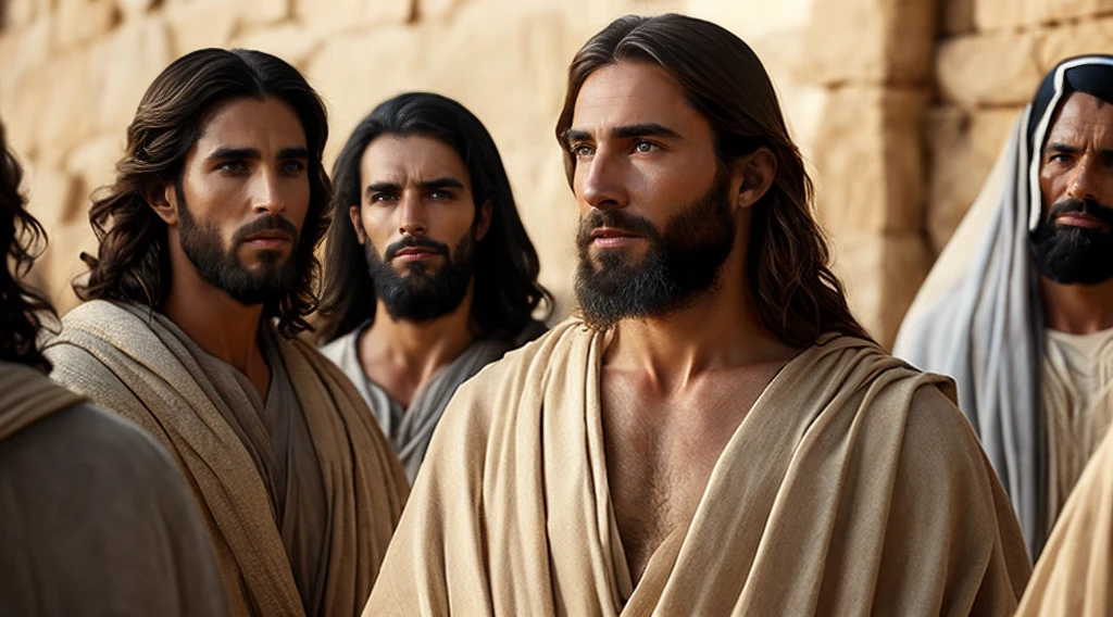(((Ancient Israel)))、(((1st century)))、Jesus Christ and his disciples looking into the distance、in 8K、RAW photograph、maximum quality、Masterpiece artwork:1.5、ultralighthigh resolution、Photorealistic:1.5、cinematic light、soft volumetric lighting:1.5、realisitic、Photorealistic:1、skin detailed、professional lighting、one photo、sharp focus、detaileds、professional lighting、Photon mapping、detailed and intricate environment、highy detailed、maximum quality、artistic photography、arte conceitual fotorrealisitic、soft natural volumetric cinematic perfect light、middle of the journey、detailed hand、