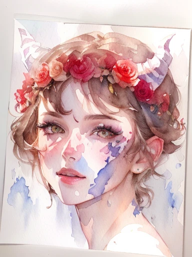 painting of a woman with a flower crown on her head, watercolor sketch, portrait of demon girl, girl design lush horns, inspired by Cecily Brown, with horns, the non-binary deity of spring, rough watercolor painting, portrait demon half human, loose watercolor drawing, detailed watercolour, watercolored, ((water color)), fantasy watercolor, portrait of a female demon