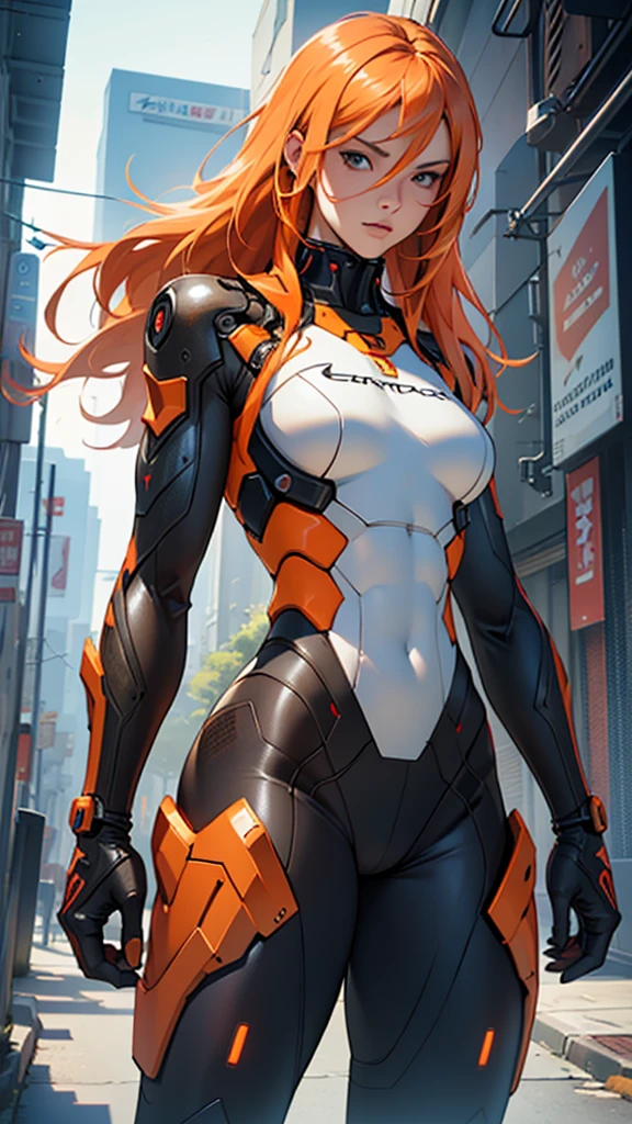 Beautiful cybernetic girl detailed muscles realistic masterpieces full figure pose (best quality,ultra-detailed), lite pale orange hair, fair skin, fit body, slim figure, narrow waist, large buttocks, (cocky expression), wearing a full carbon fiber cybernetic mobile battle suit