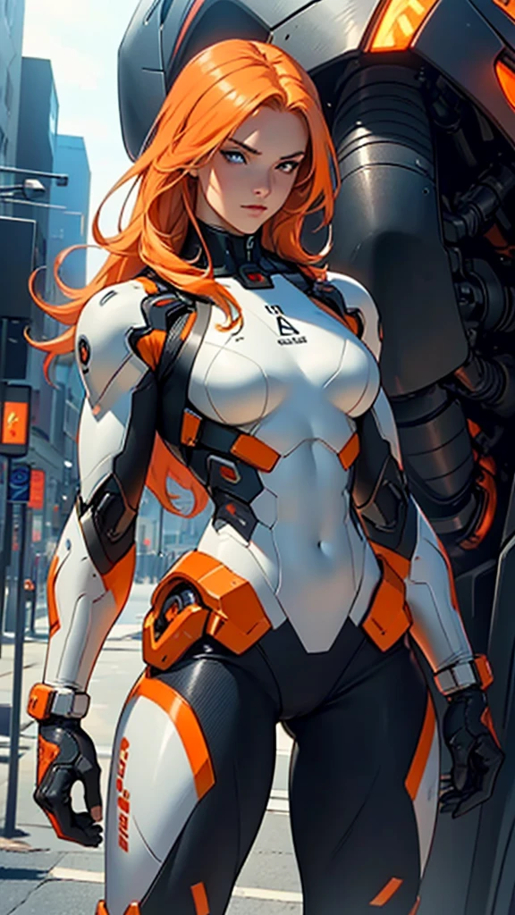 Beautiful cybernetic girl detailed muscles realistic masterpieces full figure pose (best quality,ultra-detailed), lite pale orange hair, fair skin, fit body, slim figure, narrow waist, large buttocks, (cocky expression), wearing a full carbon fiber cybernetic mobile battle suit