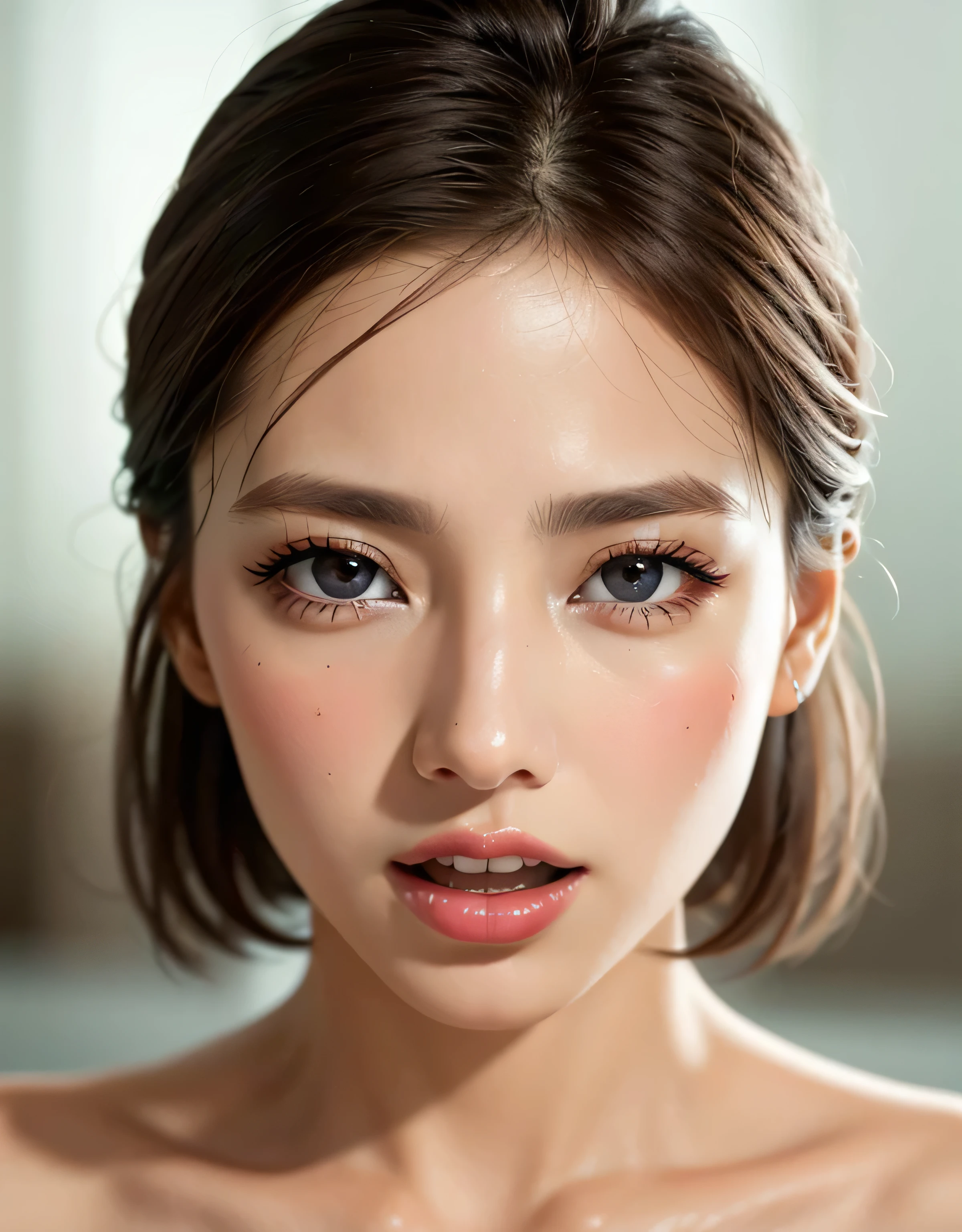 Highest quality、16K high resolution、Super detailed、masterpiece、Live Shooting、Photorealistic:1.4、Hyperrealism:1.4、Sharp focus、Very delicate and beautiful、Fine details、Super beautiful face、Woman with open mouth、Sweat、(Beautiful brown eyes)、(Beautiful Teeth)、woman with edge orgasm_face、perfecteyes eyes