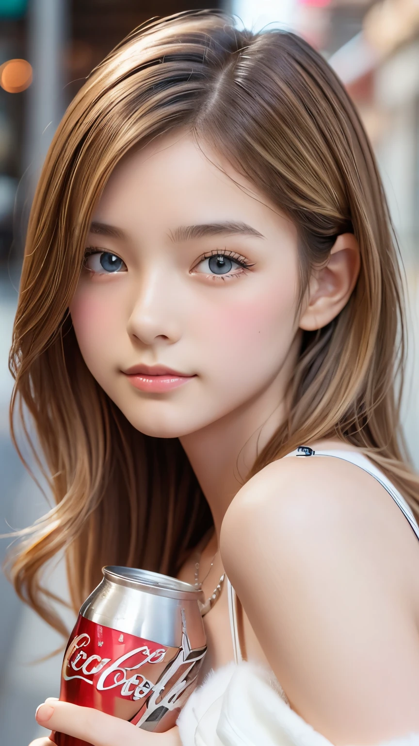 Beautiful girl modern fashion drinks coca cola, Cinematic,8K resolution, Soft lighting,Ultra-detailed skin and hair texture, eye,nose, Mouth has realistic details,Blonde