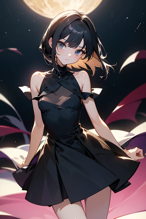 Night dress、shortの巻き髪、beautiful girl、black Sleeveless 、slender、Model Body Type、Ideal Style、 Slim and cute、One off-the-shoulder 、