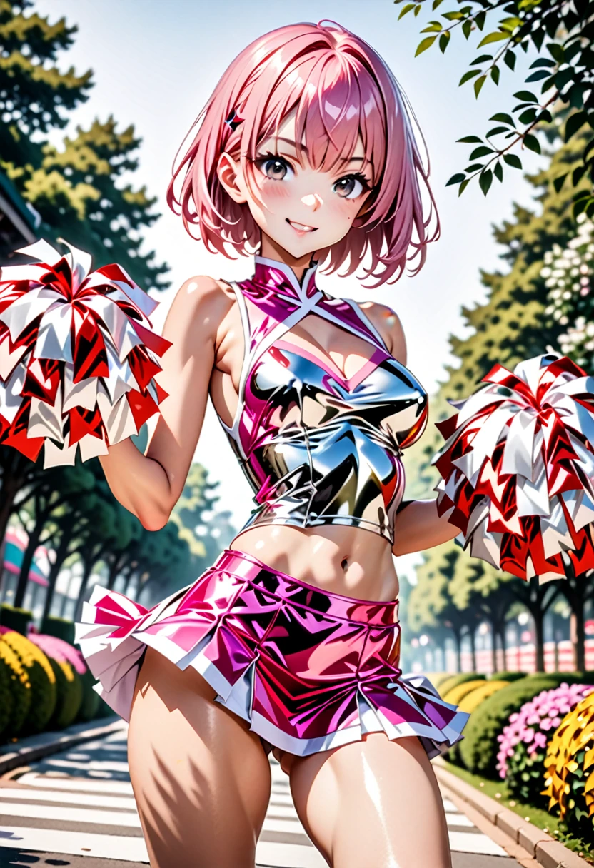 ((wearing cheerleader outfit a silver_color)), skinny, 4 defined fingers, 1 defined thumb, looking at viewer, solo, 1 woman, 25 years old, AI generated, highest quality, masterpiece, skindentation, perfect face, 8k , Dynamic Pose, (short hair), (pink hair:1.5), bob cut, black eye, smile, ((thin thighs)), medium breasts, perfect limbs, sexy, (visible nipples:0.9), (camel toe:0.3),, (bright Chinese park), Dutch Angle, ((The costume is metallic, shiny and lustrous)), facing straight at viewer, (standing), sexy pose,holding pom poms a ((golden)),