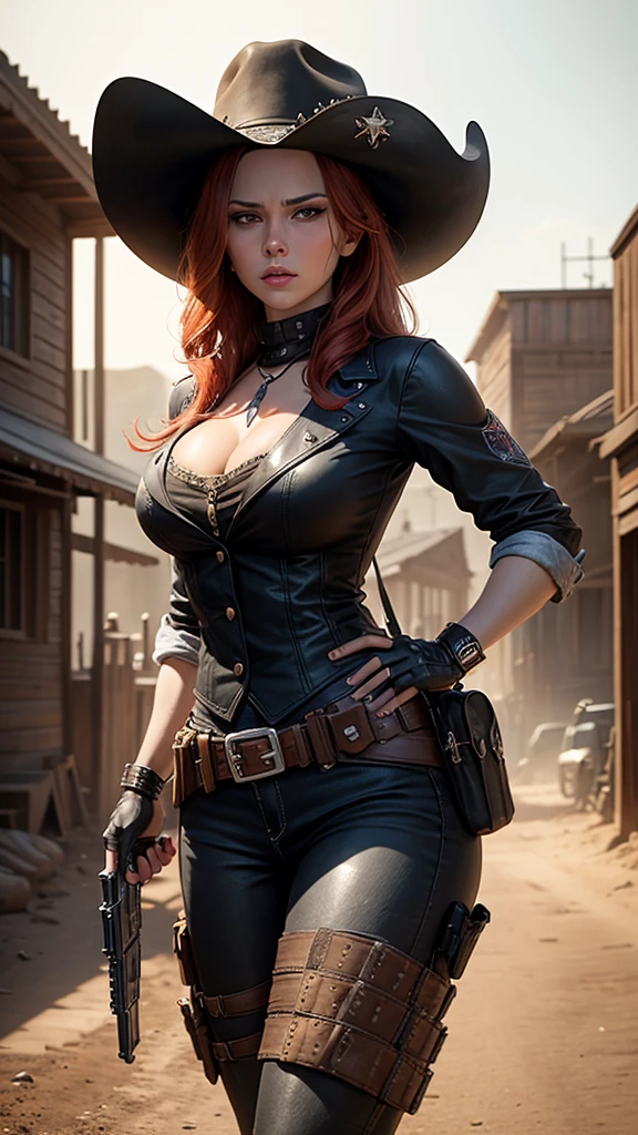 Black Widow in Wild West style, wearing Cowboys lather clothes, Cowboys hat and bring a pistol, in cowboy city, cinematic, extreem realistic, extreem detailed, extreem Sharp, super high resolution image, best quality photo,