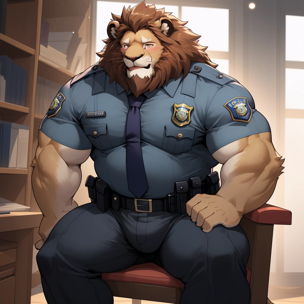 masterpiece, best quality, 8k resolution, Very detailed, hairy，(((lion))，(((Mature)))，(((beard))),(((Strong)))，(((portrait)))，(((police office)))，For the audience，(((Police Uniform))),(((sit on the chair)))，(((Tongue out)))，Highest quality scene，Solitary，solitary，(((whole body)))，(((Shameful)))，(((Blushing)))，((( VR glasses))),(((Legs apart)))，(((sweaty)))，((Fat-enclosed muscle))，(((Round face)))，(((alone)))，(((Strong body)))，(((Hip bulge)))，