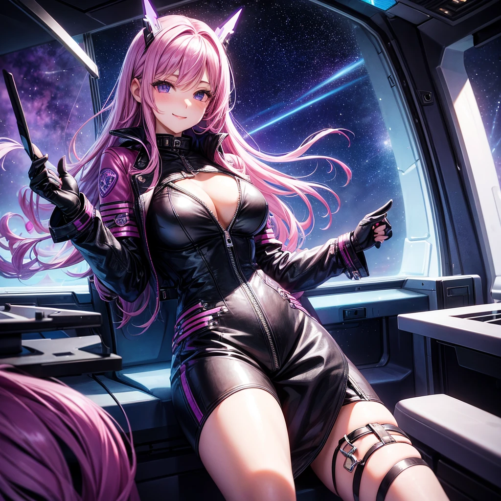 A young sexy woman with long purple hair and sexy clothes sits in a spaceship seat、A beautiful starry sky can be seen from the window.。smile,leather jacket,Future Fashion,Angel girl,Pink Hair,Horny girl
