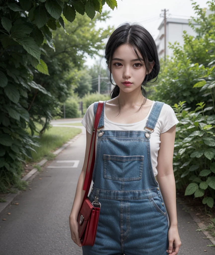 1 chico, black hair red eyes white skin female dressed only in short overalls eating a cucumber