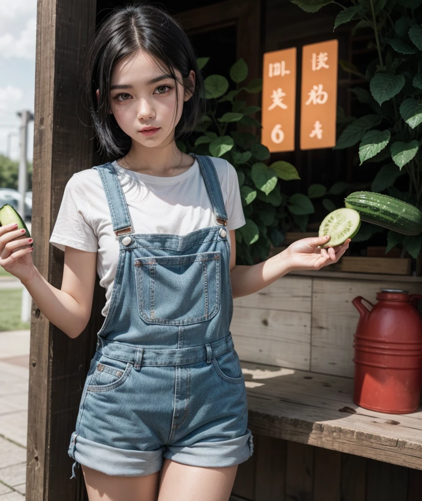 1 chico, black hair red eyes white skin female dressed only in short overalls eating a cucumber