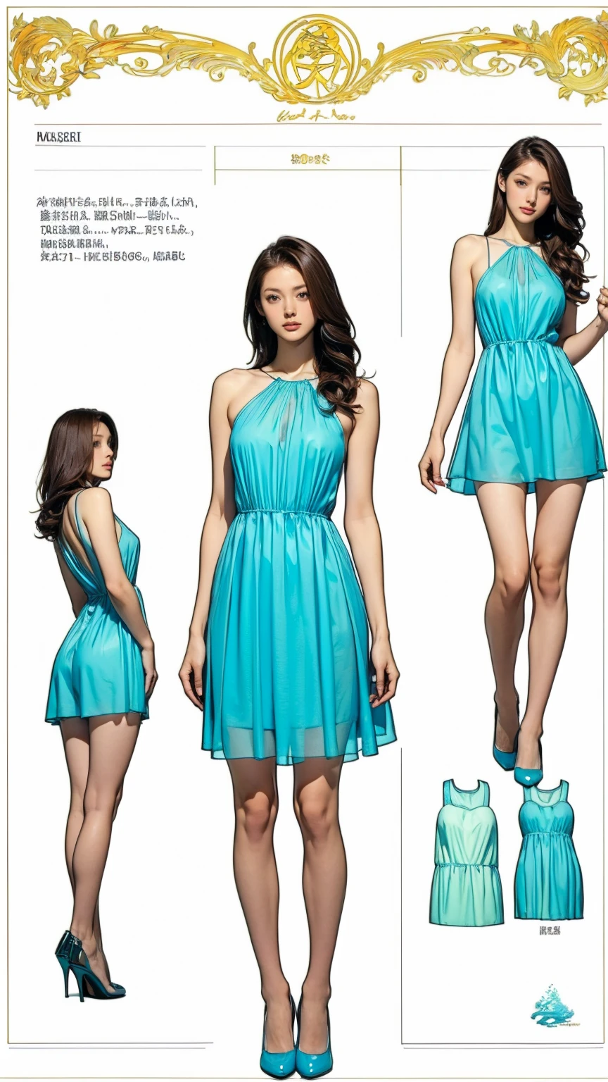 ((masterpiece)),(((Highest quality))),((Character design sheet)),Thin thighs,Long legs,((woman, alone, Long Hair)),Innocent look, Bare arms, Expose your shoulders, Bear neck, watercolor, water, Wave, water dress, Ocean, See-through dress,Golden Hair,