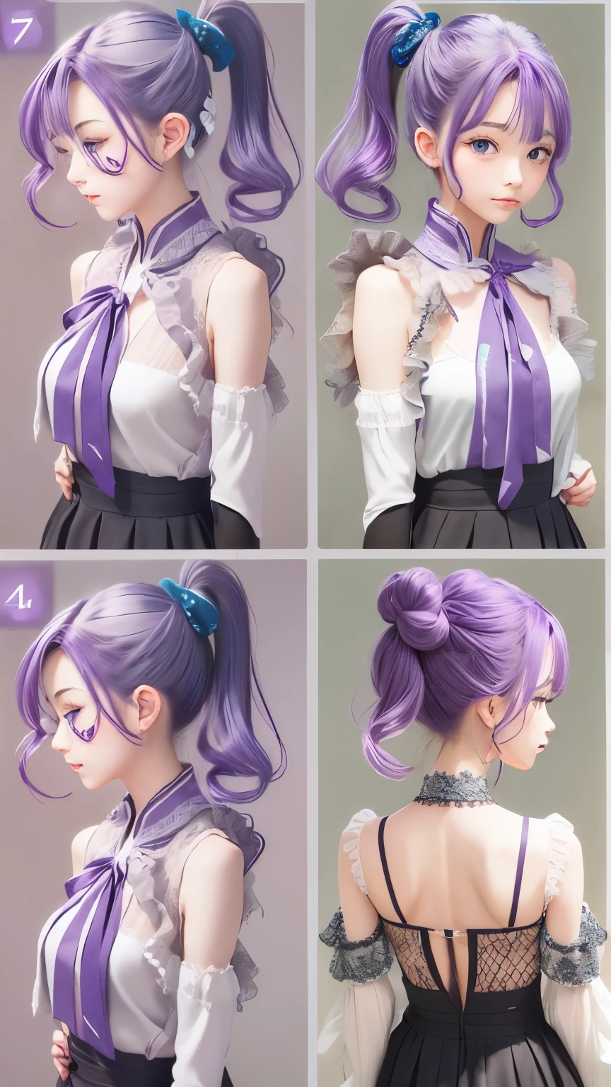 ((Hair color is purple : 1.3)), Her hairstyle is a bun(Chignon)A very large ribbon is tied to。When you remove the ribbon, your hair is long.。
With piercing eyes、The pupils may be dilated。
Tall and stylish、Being beautiful is admired by the same sex.、Even my grandpa is in love with me.。