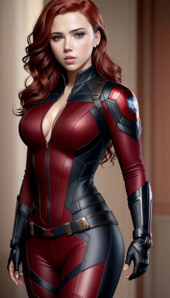 (masterpiece), (best quality), (photorealistic:1.3), 8k, detailed skin texture, detailed cloth texture, beautiful detailed face, intricate details, ultra detailed, scarlett johansson, Black Widow in the style of the Captain America, straight red hair, (full-length body:1.2)