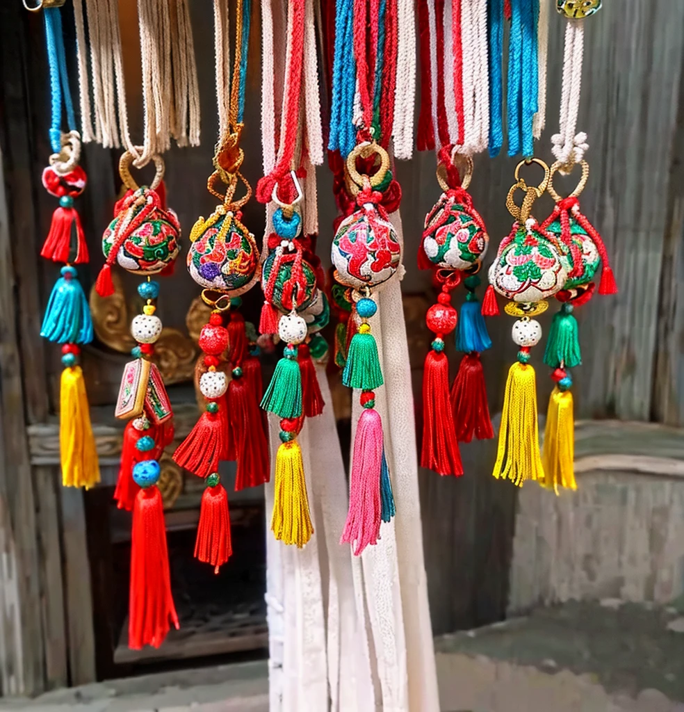 A bunch of ornaments hanging on a key chain, traditional，National trend style, Cute, colorful and adorable, Clay Amulets, DIY, shui mo hua, Inspired by Roma, Chinese style, Chinese, inspired by Luo Ping, Inspired by Pu Hua, Biopunk toys made in China, Chinese Art Style, traditional, rich and colorful