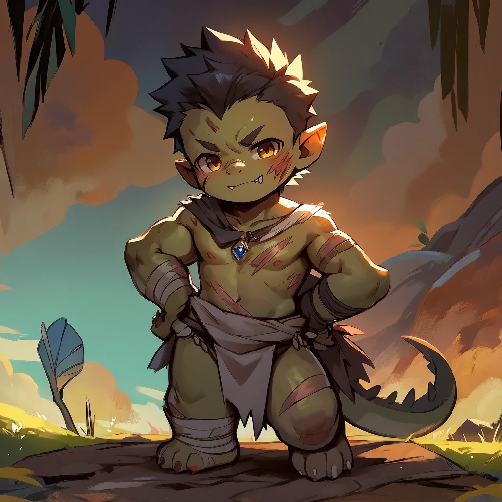  dragon orc, male bias, scheming face, shota, boy, ddler, cute, (Floating_Clouds), loincloth, holding a arrow, warrior background, stand on the ground, hands behind your back, wounds,Sharp fangs,Paw pads,wounds,Dirty bandages,Plush paw,Paw pads