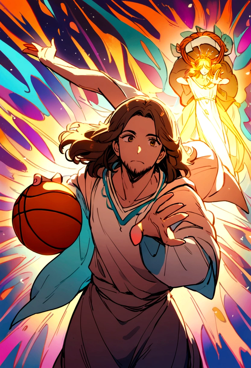 a shrimp making a basketball basket while Jesus is behind him